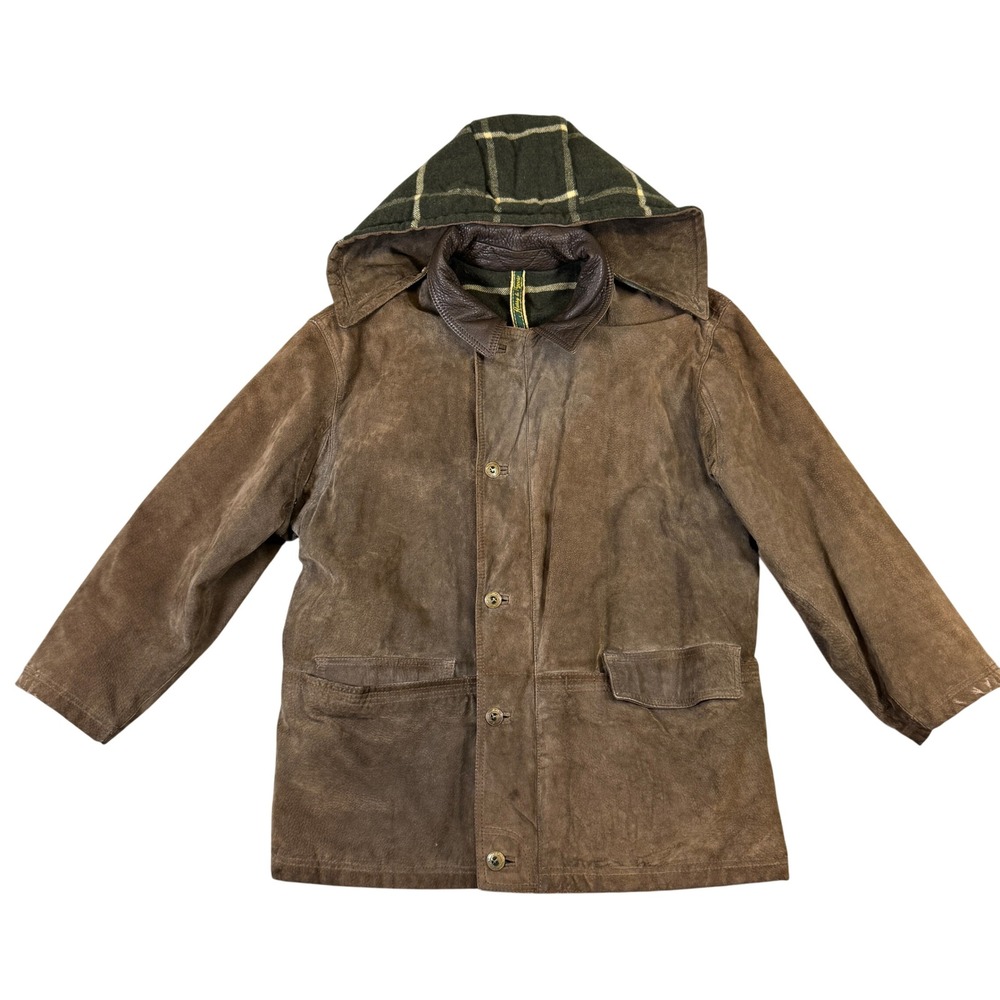 Harry & Moore Vintage Brown Suede Leather Barn Coat Hooded Plaid Lined Jacket 54